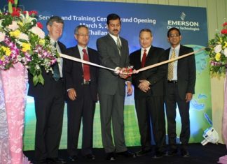 (L to R) Joe Healy (Director Application Engineering, Emerson Climate Technologies based in Hong Kong), John Heo (Vice President Sales Rest of Asia (China not included), Emerson Climate Technologies based in Bangkok), Ashok Joshi (Vice President Distribution Services Marketing Asia Pacific, Emerson Climate Technologies based in Philippines), Thomas Zofkie (Vice President Manufacturing Thailand & India, Emerson Climate Technologies based in Rayong Plant), and Abel Gnanakumar (Director Refrigeration Marketing Asia, Emerson Climate Technologies based in Hong Kong) cut the ribbon to officially open the new facility.