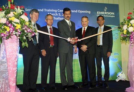 (L to R) Joe Healy (Director Application Engineering, Emerson Climate Technologies based in Hong Kong), John Heo (Vice President Sales Rest of Asia (China not included), Emerson Climate Technologies based in Bangkok), Ashok Joshi (Vice President Distribution Services Marketing Asia Pacific, Emerson Climate Technologies based in Philippines), Thomas Zofkie (Vice President Manufacturing Thailand & India, Emerson Climate Technologies based in Rayong Plant), and Abel Gnanakumar (Director Refrigeration Marketing Asia, Emerson Climate Technologies based in Hong Kong) cut the ribbon to officially open the new facility.
