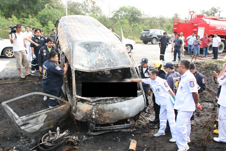 Seven people perished, including two children, when fire swept through their minivan after it crashed into a signpost near Bira Circuit on Highway 36.