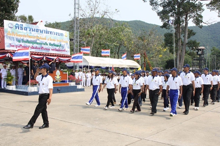 National defense volunteers march in a parade in Sattahip to commemorate Thailand National Defense Volunteer Day.
