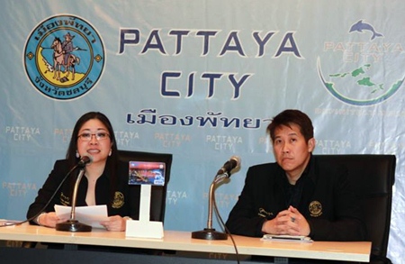 Pattaya spokesperson Yuwathida Jeerapat (left) and city council member Banjong Banthoonprayuk (right) announce the city is spending 1.5 million baht to help organize and promote AdFest 2013.