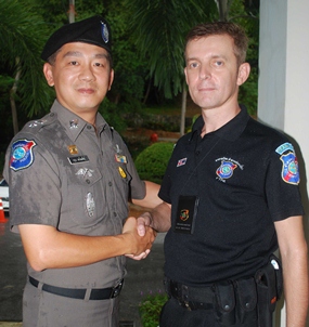 The superintendent of Pattaya’s tourist police, Lieutenant Colonel Aroon Promphan (left), has announced the appointment of Wayne Walton to be the new group leader of Pattaya’s Foreign Tourist Police Assistants (FTPA). Wayne, 45, has many years’ experience of UK policing including UK Royal Protection, and additional experience in the private sector organizing Close Protection for various dignitaries. Wayne said, “I am honoured to take over leadership of FTPA in Pattaya following the resignation of Rey Dominguez who will be spending more time in the USA. I hope to involve many more people in FTPA in the future to make the team more dynamic and professional.” He explained that the 45 member-strong FTPA had a priority to recruit more Russian-speaking members in view of the changing visitor profile on Walking Street. The role of the auxiliary FTPA is to assist the regular tourist police, principally at the mobile unit on Walking Street, dealing with general tourist questions as well as assisting with visitors’ difficulties and helping to keep public order as and when necessary. They also work with Thai tourist police volunteers. In recent years, FTPA has attempted to become more professional with a lengthy induction programme and regular ongoing training and meetings. Applicants must possess a one year visa in Thailand and have police clearance from their home country. There is a strict disciplinary code and a detailed manual of correct procedures. Most FTPA have police, army or security backgrounds or have other relevant skills such as foreign language fluency or diplomatic experience. Barry Kenyon, the press officer said, “Most people remember the famous TV series Big Trouble in Thailand, but FTPA has evolved in many ways since then. Wayne has a big task ahead in ensuring the organization is progressive and up-to-date, but he’s surely the right man for the job. Pattaya is now attracting huge numbers of Russian, Indian and Chinese tourists and our structures need to take account of that.”