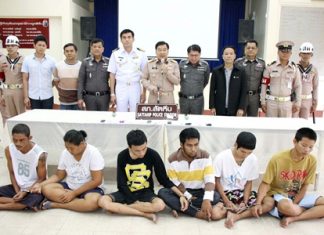 ‘M-Bang’ drug gang busted in Sattahip The “M-Bang” gang, allegedly led by Phai Phomsawaree (striped shirt), has been brought down by police.