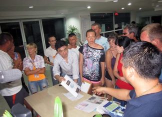 Russian tourists file a complaint with Pattaya Police Superintendent Suwan Chiewnawinthawat (striped shirt, leaning over table with paper in hand) against World of Chang Co. for fraud.
