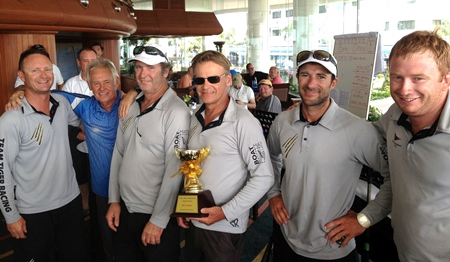 The ‘Easy Tiger IV’ team pose with the Platu 25 Open champions’ trophy at Ocean Marina Yacht Club in Pattaya, Sunday, March 17. (Photo/Scott Finsten)