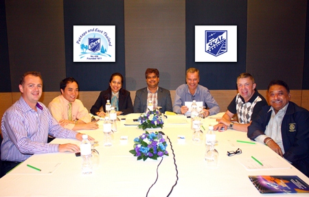 (L to R) Garth Solly, Neil Maniquiz, Jeena Saguansap, Tony Malhotra, Ingo Raeuber, Paul Strachan and Peter Malhotra pause for the paparazzi during the historical first board meeting after the rebirth of Skål International Pattaya & East Thailand.