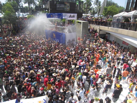 It’s shoulder-to-shoulder at the Central Pattaya Beach foam party.