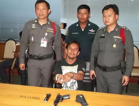 Sarawut Charoenklang was arrested for shooting a 9mm handgun in public.