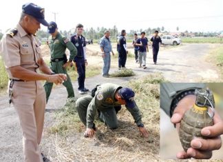The Royal Thai Navy’s bomb squad begins the process of defusing an unexploded World War II hand grenade (inset).