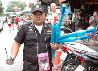 Police had the unpopular task of rounding up PVC water cannons early in the Songkran week, as can be seen by the sour faces in the background.