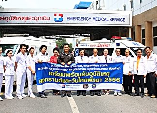BHP Deputy Director Dr. Supakorn Winnawan and Banglamung Police Col. Suwith Sawaengmongkol (center left and right), hoping for the best but preparing for the worst, say they are ready for the inevitable annual Songkran road carnage.