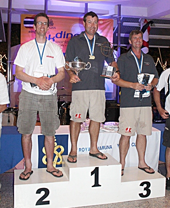 Roger Blasse (center) of Australia holds the OK Dinghy world championship trophy flanked by second placed Nick Craig (left) and third placed Mike Williams. (Photo courtesy OKDIA)