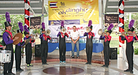 A marching band plays a birthday tribute to Peter Cummins at the Royal Varuna clubhouse.