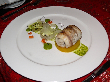 One choice for the main course was sea bass roulade with saffron potato fondant, salsa verde and baby red cabbage continuing with the Merle Blanc 2010.