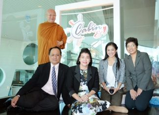 On the auspicious day of the grand opening of the Cabin Grill restaurant at the A-One The Royal Cruise Hotel Pattaya, Suppawan Ratanaopath (2nd left) together with her management team organized a Buddhist blessing ceremony officiated by the Venerable Phra Ajarn Mitsuo Gavesako (standing), abbot of Watsunanthawanaram in Kanchanaburi.