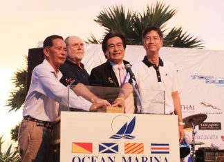 Official Opening of the 2013 Top of the Gulf Regatta (from left) Rear Admiral Sunan Monthardplin, Race Committee, Yacht Racing Association of Thailand and the President of Junior Sailing Squadron; William Gasson, Chairman of the Top of the Gulf Regatta; Ronnakij Ekasingh, Deputy Mayor of Pattaya City; Kirati Assakul, Representative of Ocean Marina Yacht Club.