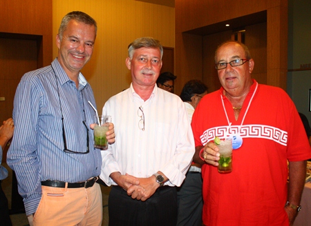 (L to R) Ingo G. Raeuber (Group General Manager of Pinnacle Hotels, Resorts & Spas), Hans Banzinger (Director of Swiss Paradise Resort Pattaya) and Greig Ritchie (Director of Sales-S.E. Asia, Pan Pacific Travel Corporation Limited) enjoy the welcome drinks together.