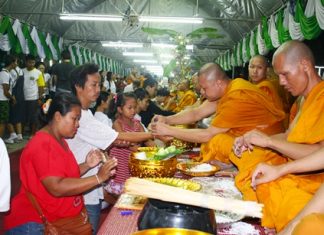 Buddhists have their wrists wrapped in the auspicious “sai sin” to protect them from evil. Temples throughout the greater Pattaya region were filled with Buddhists making merit on Visakha Bucha Day - the triple occasion of the birth of Buddha, the day of his enlightenment and his ascension to Nirvana.