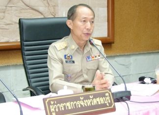 Chonburi Gov. Khomsan Ekachai leads the province’s monthly meeting with various heads of departments.