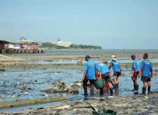 Lions Club members from regions 8 and 9, along with representatives from the Royal Thai Marines and employees of Central Festival Pattaya Beach pitch in to help clean up Naklua’s Nok Yang Canal.