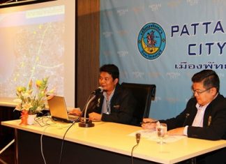 Sanitation engineer Worayuth Khlaplod (left) explains the city’s preparedness for the upcoming rainy season, as Deputy Mayor Verawat Khakhay (right) listens in.