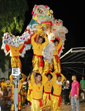 A lion-dance troupe from the Sawang Boriboon Thammasathan Foundation entertains guests.