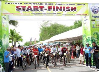 MTB riders line up at the start for the Pattaya Mountain Bike Challenge on Sunday May 12.