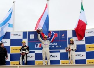 Sandy Stuvik celebrates atop the podium at the Paul Ricard circuit in France, Sunday, April 28.
