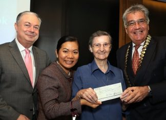 Eric Hallin (left), GM of the Rembrandt Hotel, Bangkok; Mrs Ben Montgomery (2nd left), PATA Thailand Chapter; and Dale Lawrence (right), president - Skål International Bangkok present a cheque for THB 70,000 to Sister Louise Horgan from the Fatima Centre of the Good Shepherd Sisters of Thailand recently. The funds were jointly raised by members of Skål International Bangkok and the Pacific Asia Travel Association’s Thailand Chapter. Good Shepherd Sisters is a non-profit organisation dedicated to providing opportunities for women and young girls at risk in the community.