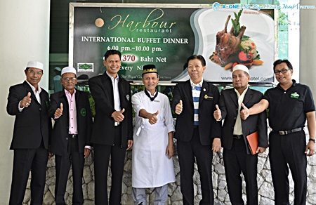 Top management and staff of the A-One Royal Cruise Hotel were on hand to welcome the Halal Committee from the Central Islamic Council of Thailand during their seminar at the hotel recently.  (l-r) Faruth Safieh, Committee of the Islamic Council of Chonburi; Kasem Jehdaman, Vice President, Committee of the Islamic Council of Chonburi; Dr. Kathawut Lohmuth, Chief Academe of Halal food, Islamic Council of Thailand; Manit Laemitr, Halal Chef at the A-One Royal Cruise Hotel; Somkiet Rattanaopath, Managing Director, A-One Royal Cruise Hotel; Suwat Koobkrabi, Committee of the Central Islamic Council of Thailand; and Nanthawuthi Supanatpanitchareon, Chief Administrator and Secretary of the Islamic Council of Chonburi.