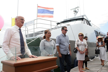 Australian Ambassador to Thailand, HE James Wise (left) addresses the assembled crowd before christening the new vessel.