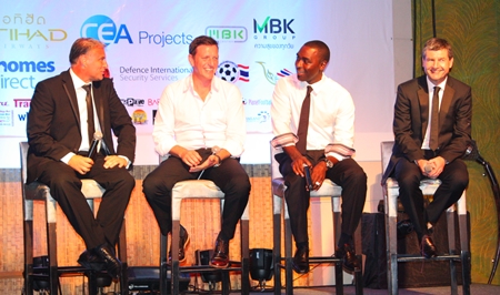 (From left) former Manchester United stars Clayton Blackmore, Lee Sharpe, Andy Cole & Denis Irwin talk on stage at the Centara Grande Mirage Beach Resort in Pattaya, Saturday, June 8.