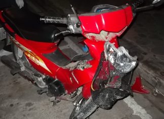 Pibun Yahan’s crumpled Honda Wave motorbike.