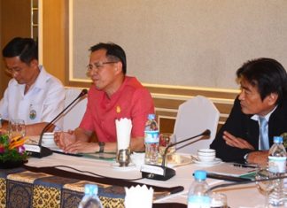 Chonburi Public Health Doctor Smith Prasannakarn, MD, Deputy Governor Pongsak Preechawit, and Deputy Mayor Ronakit Ekasingh discuss preparations for the 21st International Union for Health Promotion and Education scheduled for late August.