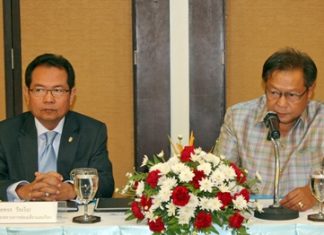 Khajorn Weerachai (left), from the Ministry of Tourism and Sports, and Deputy Governor Adisak Thepass preside over the meeting.
