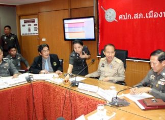 Chonburi Gov. Khomsan Ekachai (center), Region 2 Police deputy chief Maj. Gen. Sanchai Chai-amporn (right), and Pattaya Deputy Mayor Ronakit Ekasingh (4th right) meet with local officials to decide the site of a new marine assistance center in Pattaya.
