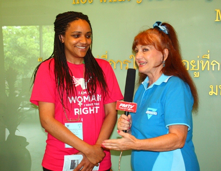 Marcia Banasko (left), communications director for World Wide YWCA, is interviewed by Elfi Seitz for Pattaya Mail TV.