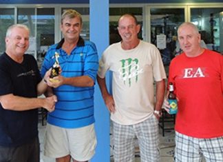 General Jack (2nd left) presents the winning monthly trophy to Sel Wegner (left), with Paul Bourke and Steve Milne looking on.