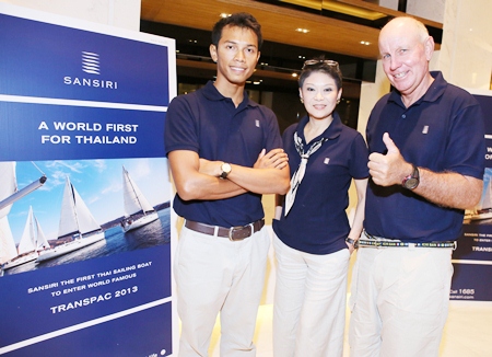 (From left) Patinyakorn Buranrom, Ob-oom Chutrakul, Social Director of Sansiri PLC, and Michael Spies pose for a photo at the press conference held in Bangkok on June 20 to announce Thailand’s entry into the TRANSPAC 2013 ocean race.