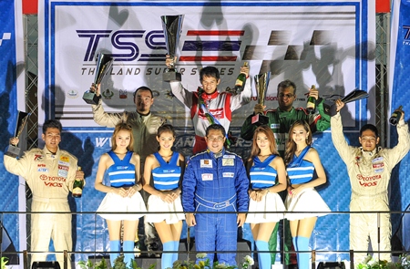 Andrey (standing right rear) takes third place on the podium in Race 1.