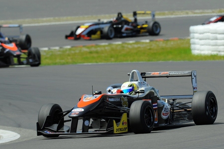 Stuvik (foreground) steers his F3 car to third place in Race 2, Sunday, June 2. 