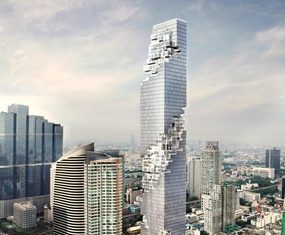 An artist’s drawing shows the completed MahaNakhon tower and mixed-used development in the Silom/Sathon central business area of Bangkok.