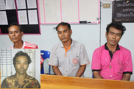 (L to R) Grandfather Somsak Wannajan and uncles Surachai Wannajan and Kodoi Wannajan, along with the 14-year-old girl’s father (inset) have been arrested and charged with rape.