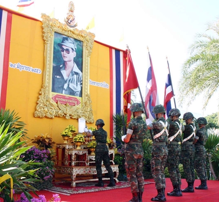 The Royal Thai Marines honor guard salutes His Majesty the King on Marine Corps Day in Sattahip.