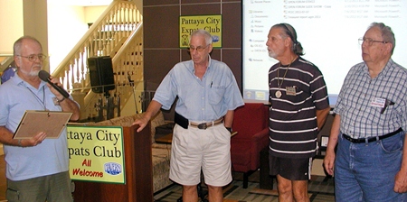 At the Pattaya City Expats Club AGM on the 7th of July, it was time to thank all those who had contributed to a successful year. Board member Jerry Dean presents Certificates of Appreciation to Richard Silverberg for sterling service as an MC, and to Mike Warner and Wilson Fletcher for greeting visitors & new members to the club.