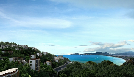 Peninsula with private beach and private jetty along Patong Bay.