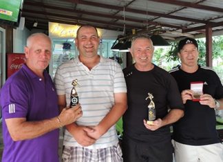 (From left): “Take it Easy” Boss, Paul Greenaway presents the trophy to a very happy Chris Smart. Next to him is John Low, who received his trophy for winning the exact same monthly medal a year ago but The Outback had been unable to present it to him as the trophies were still being made. Geoff Christie makes the fourth member of the quartet, displaying his low gross medal.