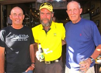 Golf Captain Phil Smedley with Monthly Medal winner Michael Hastie and the ‘Honolulu Kid’, Terry Wagner.