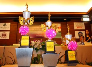 Trophies await the winners of the 2013 Pattaya Hotelier Pool Tournament.
