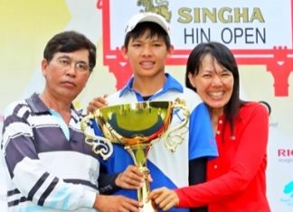 Pachara Khongwatmai (center) is flanked by his parents as he poses with the champion’s trophy following his victory in the Singha Hua Hin Open at Royal Hua Hin Golf Course, Sunday, July 21.